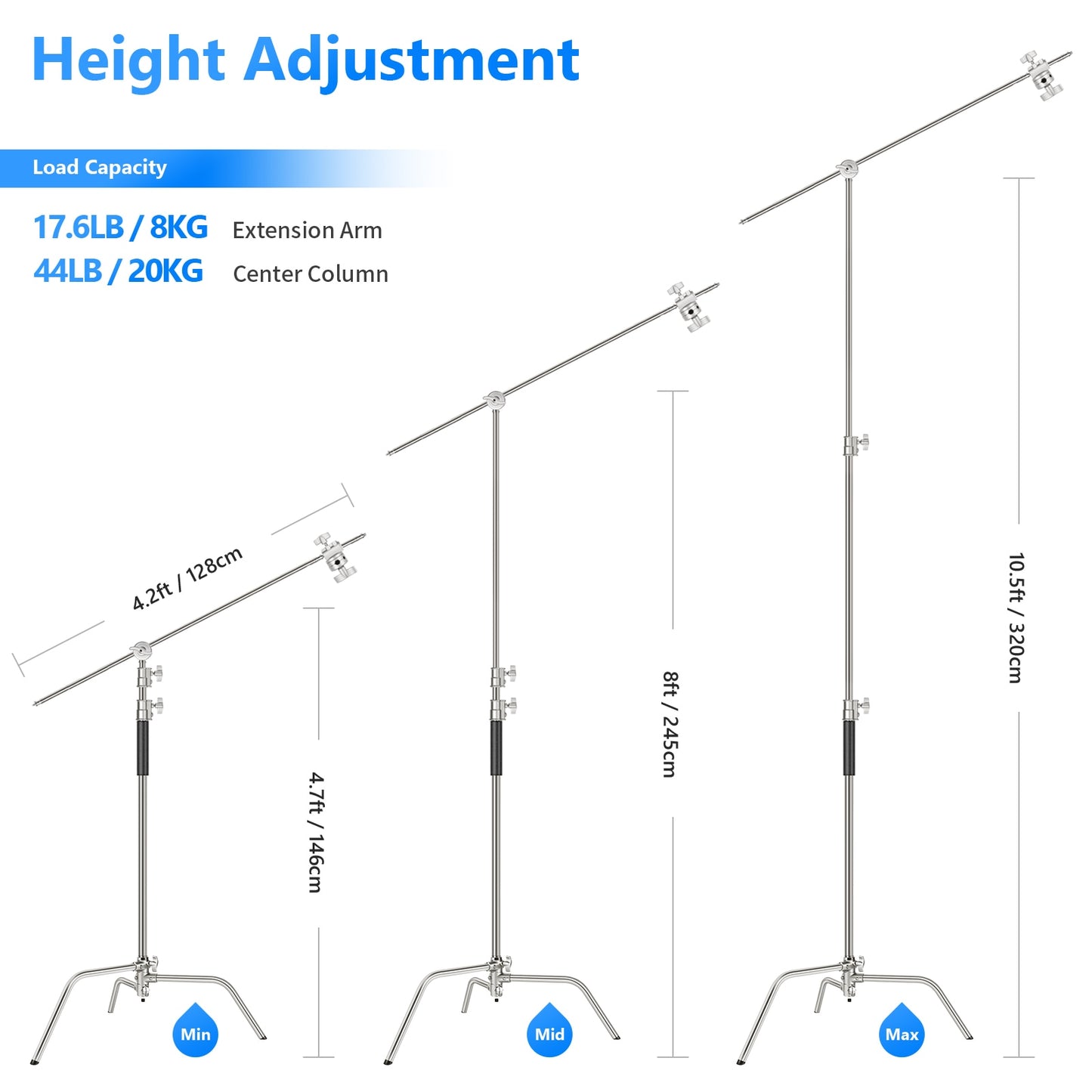 Neewer Pro 100% Stainless Steel Heavy Duty C Stand with Boom Arm, Max Height 10.5ft/320cm Photography Light Stand
