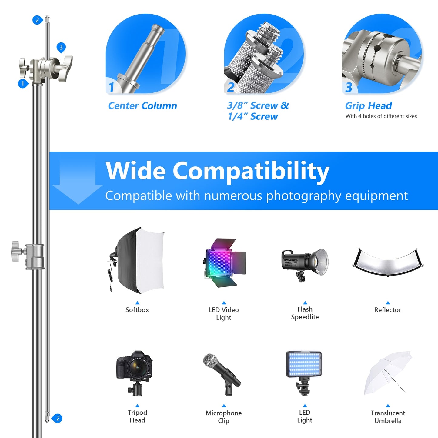 Neewer Pro 100% Stainless Steel Heavy Duty C Stand with Boom Arm, Max Height 10.5ft/320cm Photography Light Stand