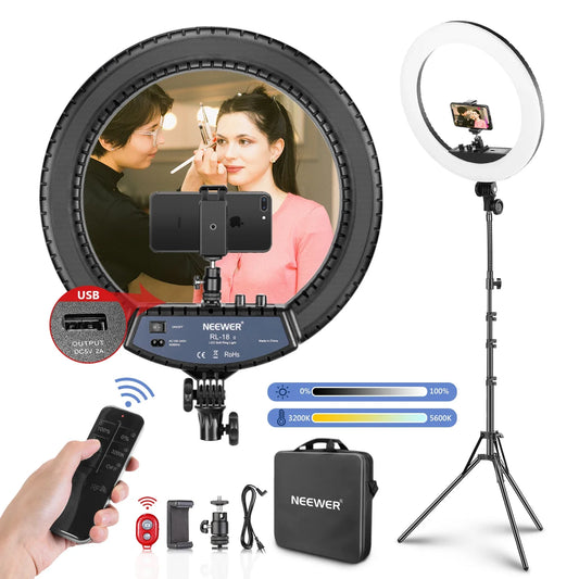 Neewer 18-inch LED Ring Light With Stand And Wireless Remote, 55W Makeup Ringlight With Tube/Phone Holder/Ball Head For Vlogging