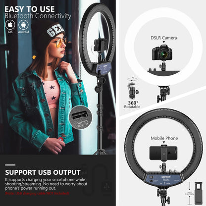 Neewer 18-inch LED Ring Light With Stand And Wireless Remote, 55W Makeup Ringlight With Tube/Phone Holder/Ball Head For Vlogging