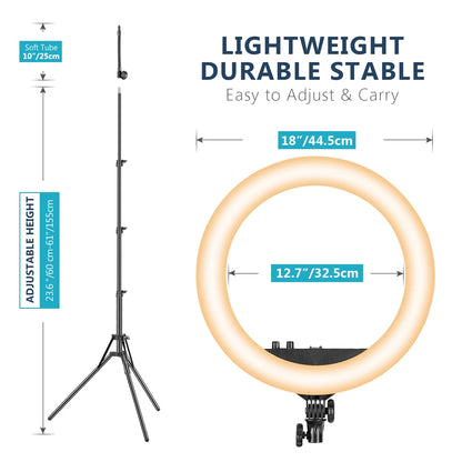 Neewer 18-inch LED Ring Light With Stand And Wireless Remote, 55W Makeup Ringlight With Tube/Phone Holder/Ball Head For Vlogging